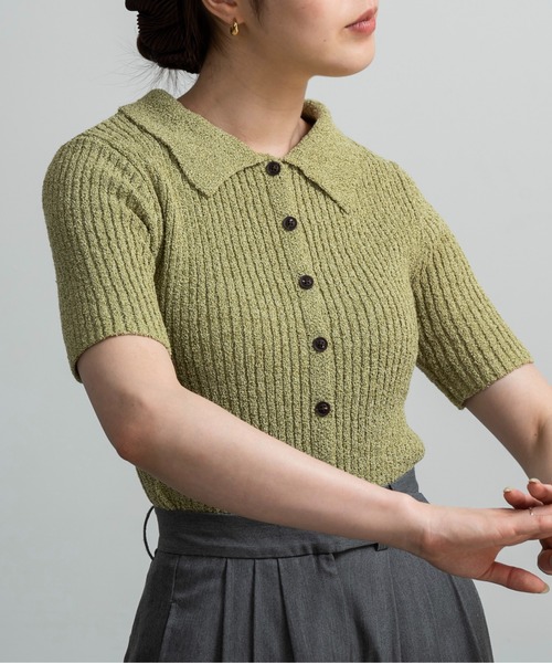 lawgy(ラウジー)の「boucle rib collar polo cardigan / ブークレリブカラーポロカーディガン(カーディガン/ボレロ・レディース・ブラック/グリーン/ベージュ・FREE)」の13枚目の写真