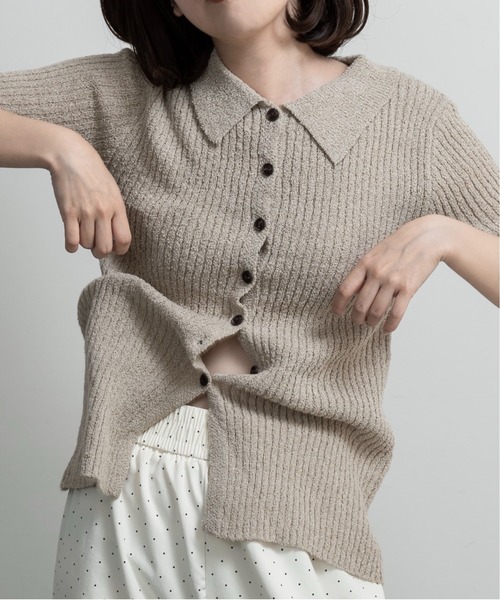 lawgy(ラウジー)の「boucle rib collar polo cardigan / ブークレリブカラーポロカーディガン(カーディガン/ボレロ・レディース・ブラック/グリーン/ベージュ・FREE)」の7枚目の写真