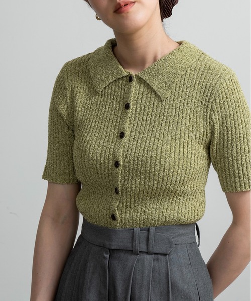 lawgy(ラウジー)の「boucle rib collar polo cardigan / ブークレリブカラーポロカーディガン(カーディガン/ボレロ・レディース・ブラック/グリーン/ベージュ・FREE)」の12枚目の写真