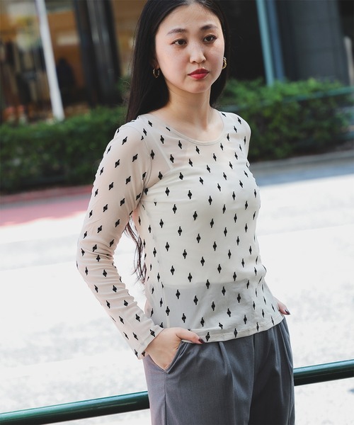 Ray BEAMS（レイビームス）の「フロッキー プリント シアー ラウンドネック トップス（Tシャツ/カットソー・レディース・ピンク/ベージュ/ロイヤルブルー・ONE SIZE）」の2枚目の写真