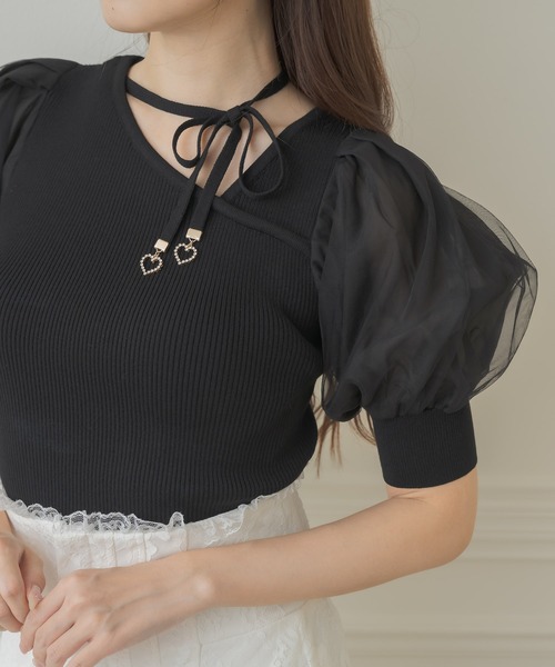 トップス rojetta ロゴ刺繍デコルテ開きリブトップス（Tシャツ/カットソー