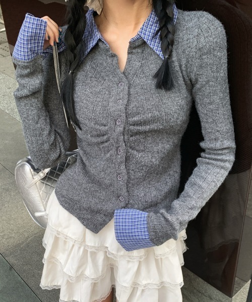 セール】フェイクレイヤードシャツ襟ニットトップス／くしゅギャザー