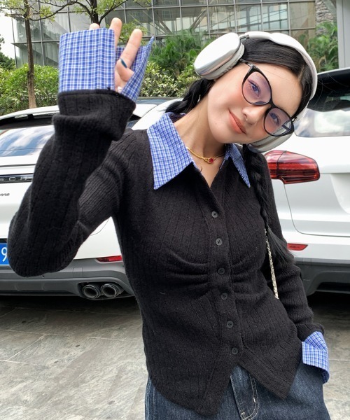 セール】フェイクレイヤードシャツ襟ニットトップス／くしゅギャザー