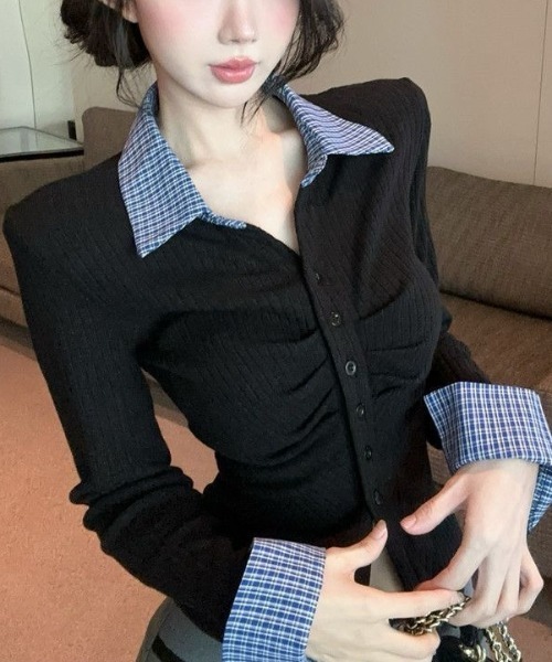 ENFOLD トップス　レイヤード　シャツ　ブラック　グレー　トップス ENFOLD トップスレイヤードシャツブラックグレートップス