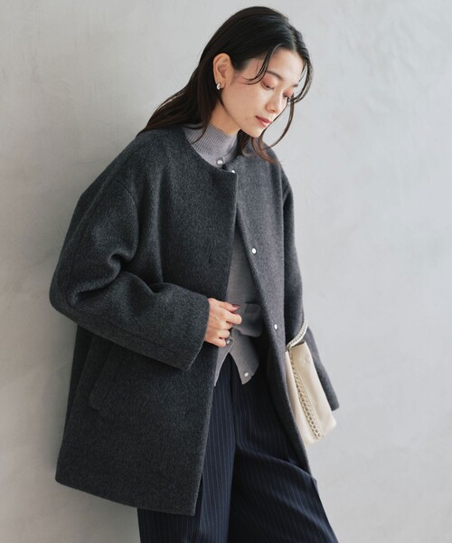 グリーンレーベルリラクシング　ノーカラーミドル丈コート　美品 セール】［size SHORTあり］アンゴラビーバー ノーカラー ミドル