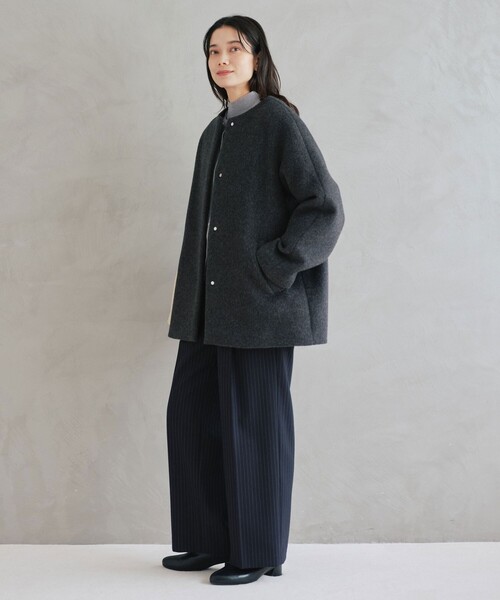 size SHORTあり］アンゴラビーバー ノーカラー ミドル コート