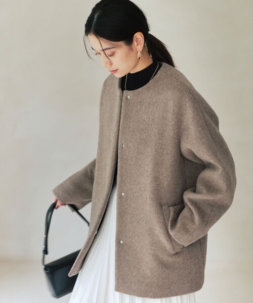 size SHORTあり］アンゴラビーバー ノーカラー ミドル コート（ノー