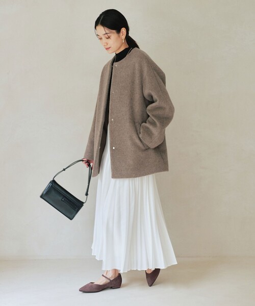 size SHORTあり］アンゴラビーバー ノーカラー ミドル コート（ノー