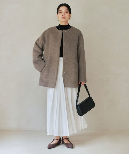 size SHORTあり］アンゴラビーバー ノーカラー ミドル コート