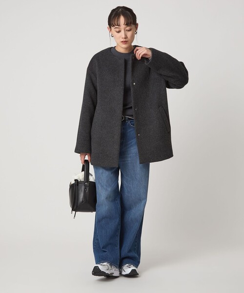 size SHORTあり］アンゴラビーバー ノーカラー ミドル コート（ノー