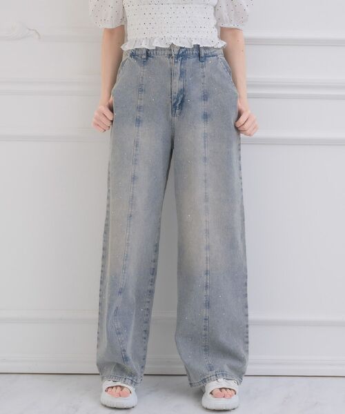 ems excite(エムズエキサイト)の「ビジューデニムPT(デニムパンツ・レディース・ケミカルウォッシュ/ダークブルー/ブラック・FREE)」の3枚目の写真