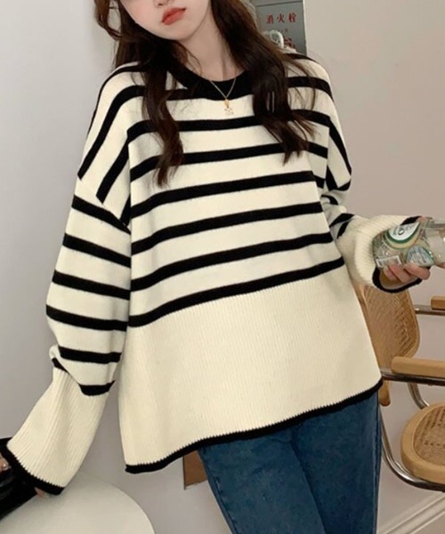 cammie(キャミー)の「ボーダールーズニット(ニット/セーター・レディース・ホワイト/ブラック・F)」の1枚目の写真