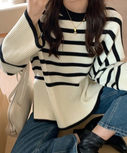 cammie(キャミー)の「ボーダールーズニット(ニット/セーター・レディース・ホワイト/ブラック・F)」の8枚目の写真