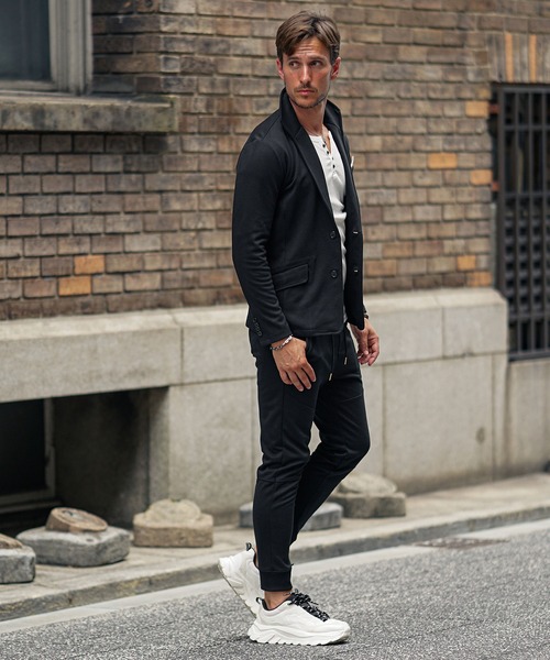 SOMEDIFF（サムディフ）の「【2点セット】毛玉ができないイタリアンカラーセットアップ メンズ スウェット 上下セット スーツ ジャケット スキニーパンツ 春服 冬服（セットアップ・メンズ・ブラック/カーキ/チャコール・M/L/XL）」の5枚目の写真