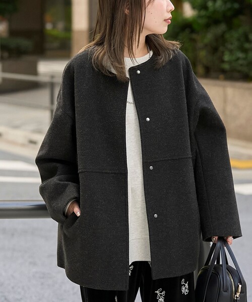 coen（コーエン）の「ライトメルトン ノーカラーミドルコート（ノーカラーコート・レディース・モカ/ナチュラル/ダークグレー・M/L）」の21枚目の写真