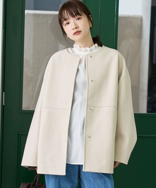 セール】ライトメルトン ノーカラーミドルコート（ノーカラーコート