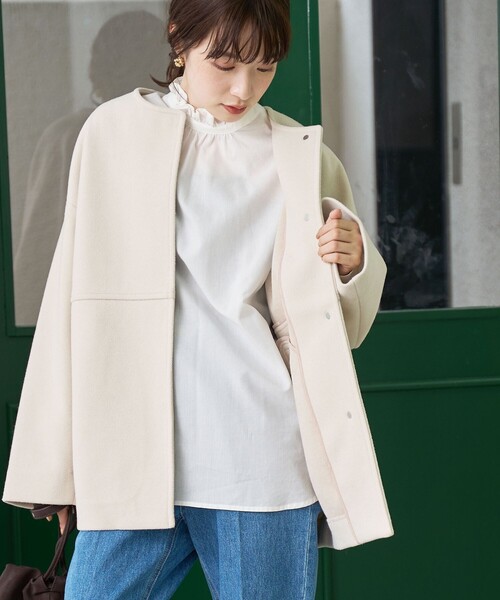 セール】ライトメルトン ノーカラーミドルコート（ノーカラーコート