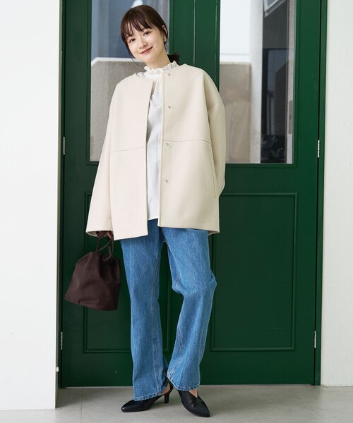 セール】ライトメルトン ノーカラーミドルコート（ノーカラーコート