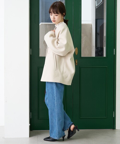 セール】ライトメルトン ノーカラーミドルコート（ノーカラーコート