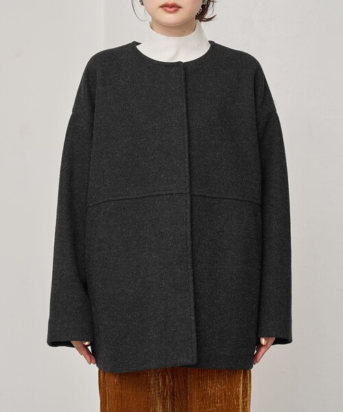 セール】ライトメルトン ノーカラーミドルコート（ノーカラーコート