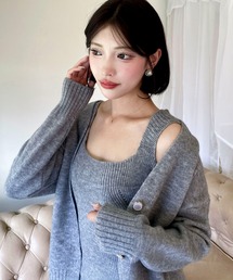 【セットアップ】リブタイトニットワンピース×カーディガン アンサンブル