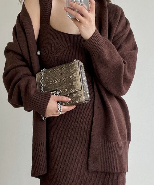 セール】【セットアップ】リブタイトニットワンピース×カーディガン