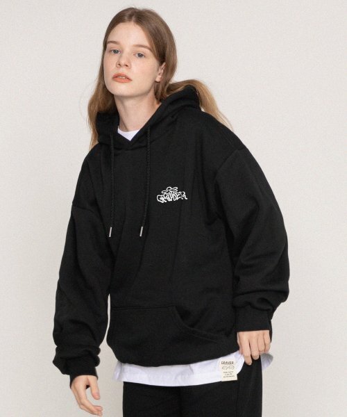 ユニセックス]ウェーブロゴフラワーフードパーカー_ブラック（パーカー