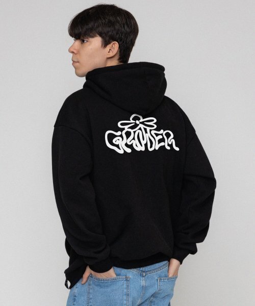 ユニセックス]ウェーブロゴフラワーフードパーカー_ブラック（パーカー