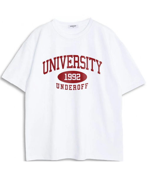 UNDEROFF(アンダーオフ)の「オーバーサイズクルーネックユニバーシティ半袖Tシャツホワイトレッド(Tシャツ/カットソー・レディース・ホワイト・SMALL/MEDIUM/LARGE/X-LARGE)」の1枚目の写真