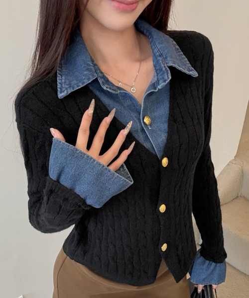 Achic(アシック)の「デニム切り替えニットセーター(ニット/セーター・レディース・グレー/ブラック/ホワイト/ネイビー・M)」の10枚目の写真