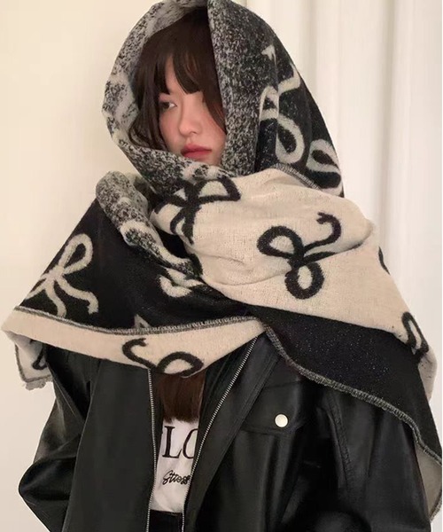 KTZ 家紋柄 ワッペンマフラー セール】【新作】リボン柄スカーフ：甘く可愛らしい秋冬の万能アイテム