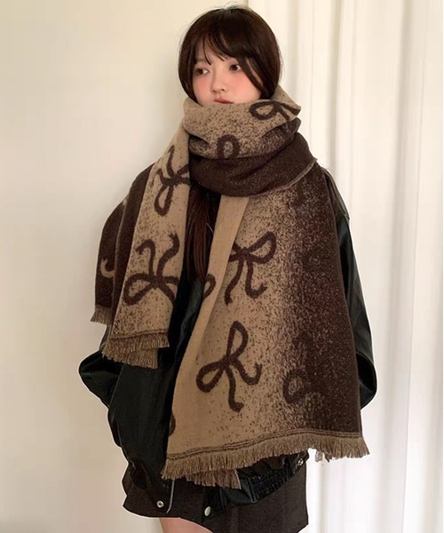 セール】【新作】リボン柄スカーフ：甘く可愛らしい秋冬の万能アイテム