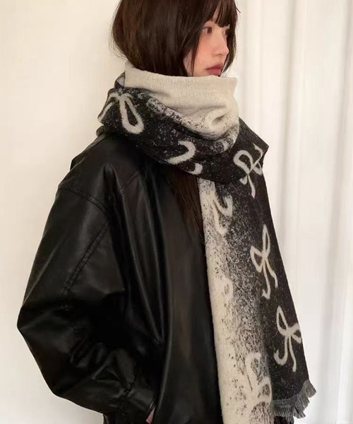 セール】【新作】リボン柄スカーフ：甘く可愛らしい秋冬の万能アイテム