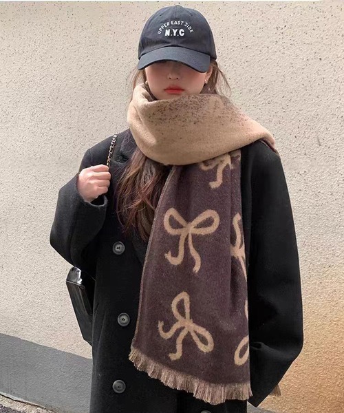 セール】【新作】リボン柄スカーフ：甘く可愛らしい秋冬の万能アイテム