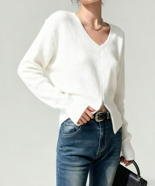 STAY MOTION（ステイモーション）の「【WEB限定】Vネックハーフジップニットトップス［韓国ファッション カジュアル］≪新作≫（ニット/セーター・レディース・オフホワイト/ブラック/ブラウン・F）」の2枚目の写真
