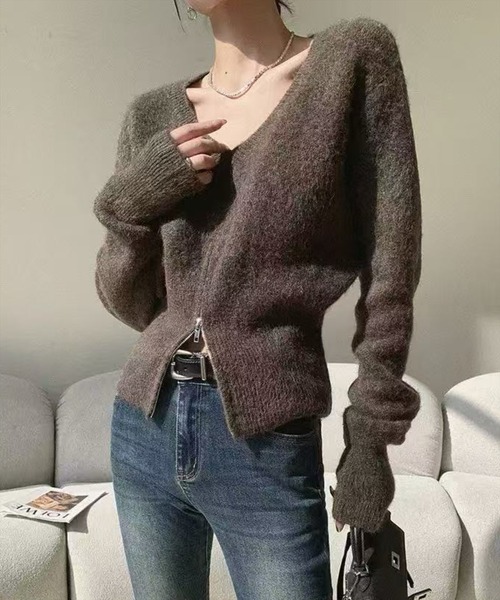 STAY MOTION（ステイモーション）の「【WEB限定】Vネックハーフジップニットトップス［韓国ファッション カジュアル］≪新作≫（ニット/セーター・レディース・オフホワイト/ブラック/ブラウン・F）」の4枚目の写真