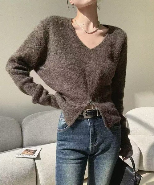 STAY MOTION（ステイモーション）の「【WEB限定】Vネックハーフジップニットトップス［韓国ファッション カジュアル］≪新作≫（ニット/セーター・レディース・オフホワイト/ブラック/ブラウン・F）」の5枚目の写真