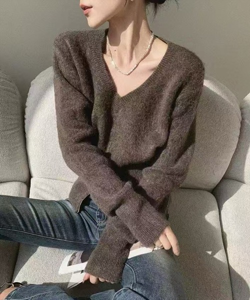 STAY MOTION（ステイモーション）の「【WEB限定】Vネックハーフジップニットトップス［韓国ファッション カジュアル］≪新作≫（ニット/セーター・レディース・オフホワイト/ブラック/ブラウン・F）」の6枚目の写真