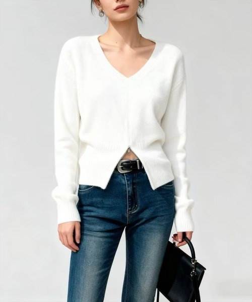 STAY MOTION（ステイモーション）の「【WEB限定】Vネックハーフジップニットトップス［韓国ファッション カジュアル］≪新作≫（ニット/セーター・レディース・オフホワイト/ブラック/ブラウン・F）」の11枚目の写真