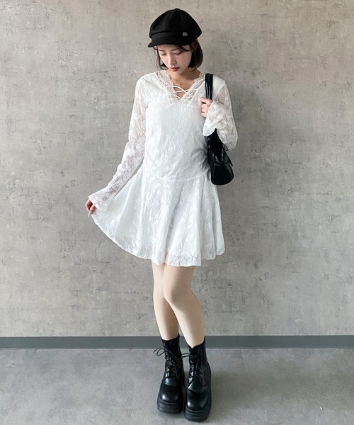 Mejoul(メジュール)の「Vネック総レースフレアミニワンピース(ワンピース・レディース・ホワイト・M/L)」の10枚目の写真