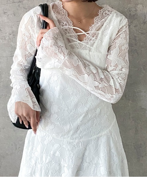 Mejoul(メジュール)の「Vネック総レースフレアミニワンピース(ワンピース・レディース・ホワイト・M/L)」の6枚目の写真