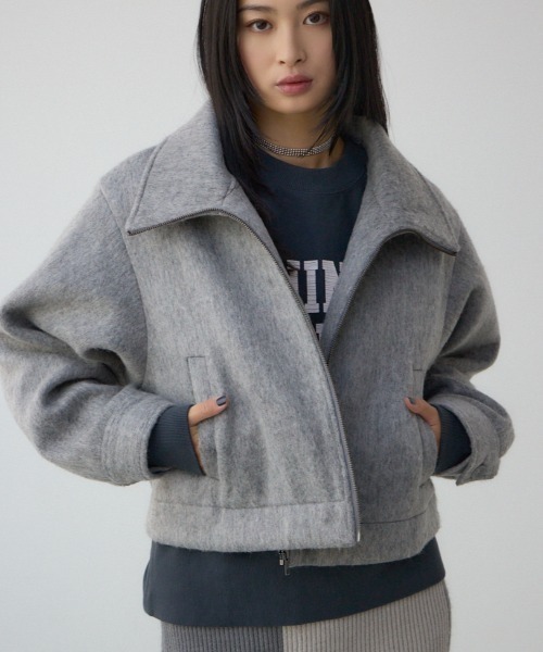 AZUL by moussy（アズールバイマウジー）の「【着丈バリエ】シャギースタンドコート（チェスターコート・レディース・ブラウン/ブラック系その他/グレー・MEDIUM/SMALL）」の3枚目の写真