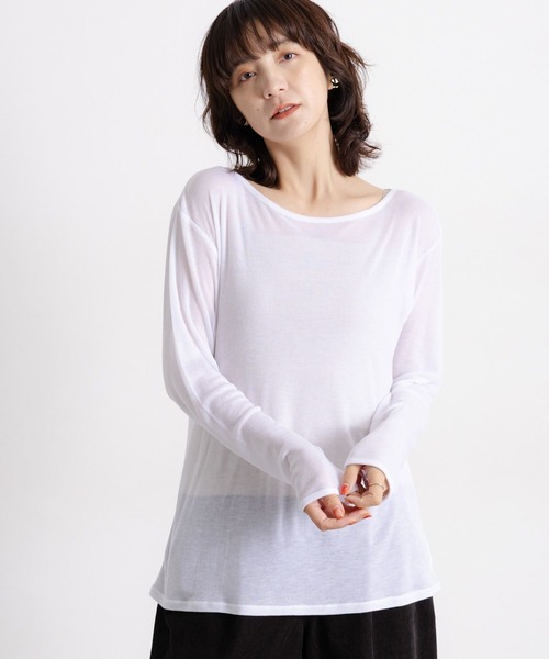 studio CLIP（スタディオクリップ）の「【吸湿発熱・吸放湿性】ウールミックスシアーボートネックシアープルオーバー[プラスサイズあり]（Tシャツ/カットソー・レディース・オフホワイト/ベビーピンク/ブラック/ベージュ/シルバーグレー・ﾌﾘｰ(L)/FREE）」の2枚目の写真
