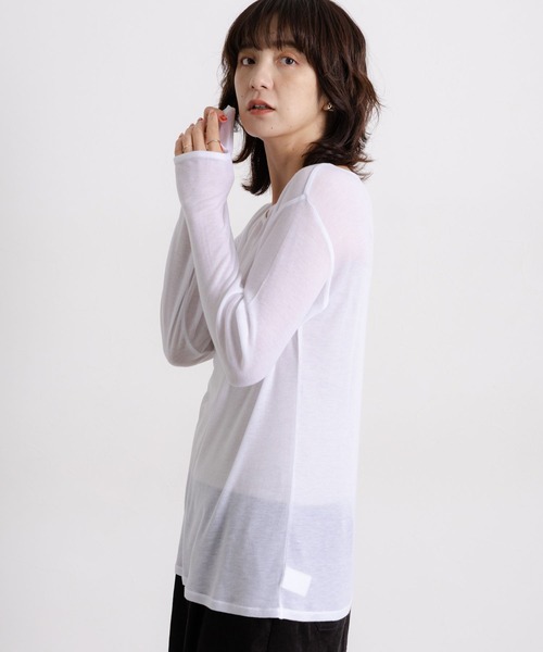 studio CLIP（スタディオクリップ）の「【吸湿発熱・吸放湿性】ウールミックスシアーボートネックシアープルオーバー[プラスサイズあり]（Tシャツ/カットソー・レディース・オフホワイト/ベビーピンク/ブラック/ベージュ/シルバーグレー・ﾌﾘｰ(L)/FREE）」の6枚目の写真