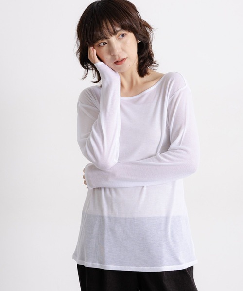 studio CLIP（スタディオクリップ）の「【吸湿発熱・吸放湿性】ウールミックスシアーボートネックシアープルオーバー[プラスサイズあり]（Tシャツ/カットソー・レディース・オフホワイト/ベビーピンク/ブラック/ベージュ/シルバーグレー・ﾌﾘｰ(L)/FREE）」の7枚目の写真