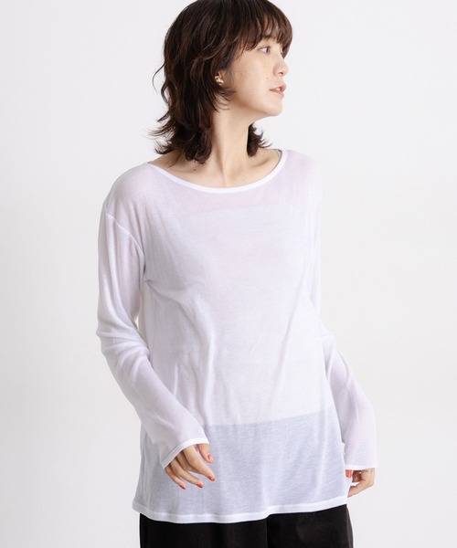 studio CLIP（スタディオクリップ）の「【吸湿発熱・吸放湿性】ウールミックスシアーボートネックシアープルオーバー[プラスサイズあり]（Tシャツ/カットソー・レディース・オフホワイト/ベビーピンク/ブラック/ベージュ/シルバーグレー・ﾌﾘｰ(L)/FREE）」の8枚目の写真