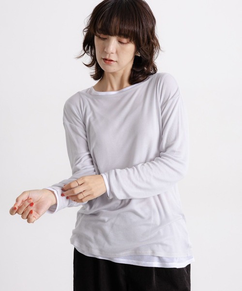 studio CLIP（スタディオクリップ）の「【吸湿発熱・吸放湿性】ウールミックスシアーボートネックシアープルオーバー[プラスサイズあり]（Tシャツ/カットソー・レディース・オフホワイト/ベビーピンク/ブラック/ベージュ/シルバーグレー・ﾌﾘｰ(L)/FREE）」の9枚目の写真