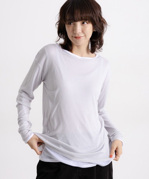 studio CLIP（スタディオクリップ）の「【吸湿発熱・吸放湿性】ウールミックスシアーボートネックシアープルオーバー[プラスサイズあり]（Tシャツ/カットソー・レディース・オフホワイト/ベビーピンク/ブラック/ベージュ/シルバーグレー・ﾌﾘｰ(L)/FREE）」の10枚目の写真