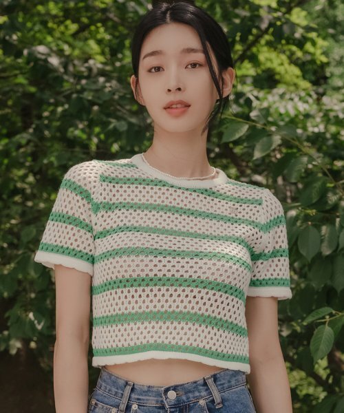 HARDCORE HAPPINESS(ハードコアハピネス)の「SIGNATURE STRIPE CROP KNIT_GREEN(ニット/セーター・レディース・その他・FREE)」の1枚目の写真