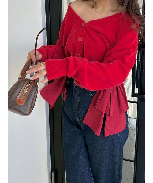 SNIDEL（スナイデル）の「リボンドッキングカーディガン（カーディガン/ボレロ・レディース・アイボリー/レッド/ネイビー・F）」の7枚目の写真